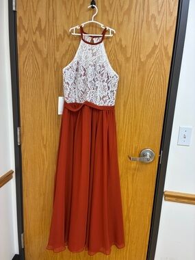 Girls Rust and White Lace Halter Dress
